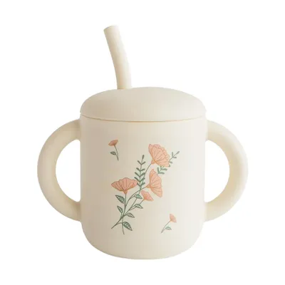 Mushie Trinkbecher mit Strohhalm - Pink Flowers