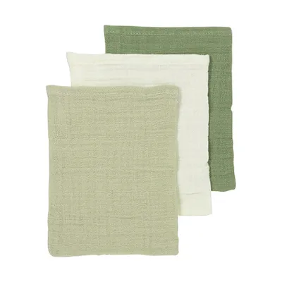 Meyco Baby Uni Waschlappen - 3 Stück - Pre-Washed Hydrophil - Natur/Soft Olive/Olive Green