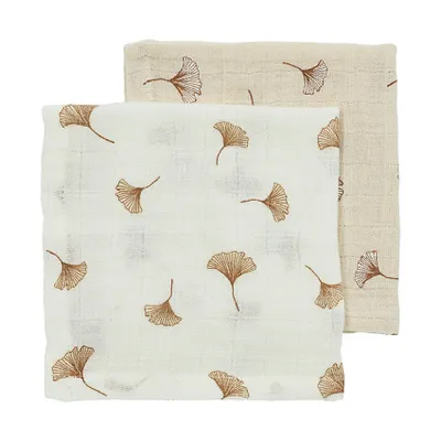 Meyco Baby Gingko Monddoekjes - 2 Stuks - 30 x 30 cm - Pre-Washed Hydrofiel - Offwhite/Soft Sand