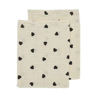 Meyco Baby Sweet Heart Waschlappen - 2er-Pack - Soft Sand/Black - 20x17 cm