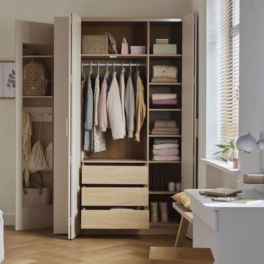 Vox Stor Kleiderschrank 200 x 225 cm – Comfort - Oak/Sand Beige - Oak + Side Cabinet