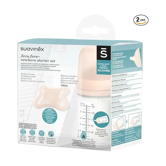 Suavinex Zero Zero Newborn Set - Fles 180ml + Fopspeen -2/2Mnd 
