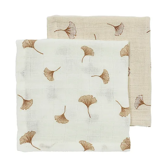 Meyco Baby Gingko Mundtücher- 2 Stück - 30 x 30 cm - Pre-Washed Hydrophil - Offwhite/Soft Sand